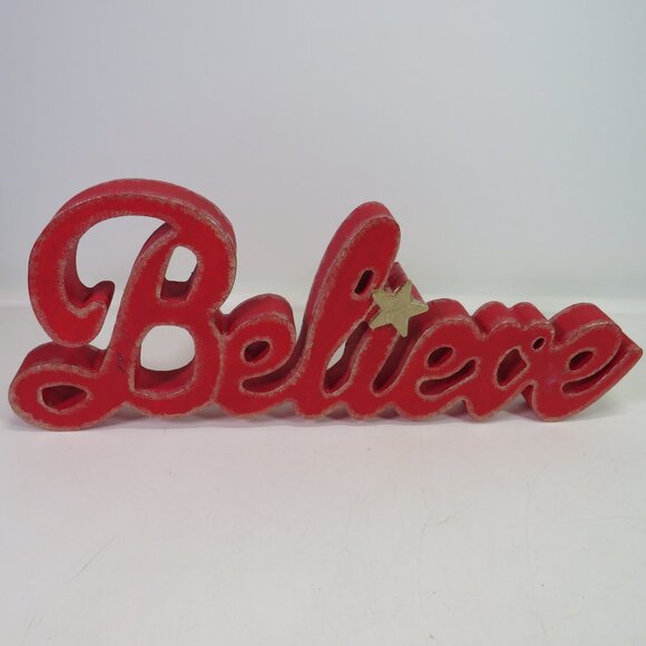 BELIEVE red wood shelf sitter w champagne gold accent 10 1/2" long - Picture 1 of 7